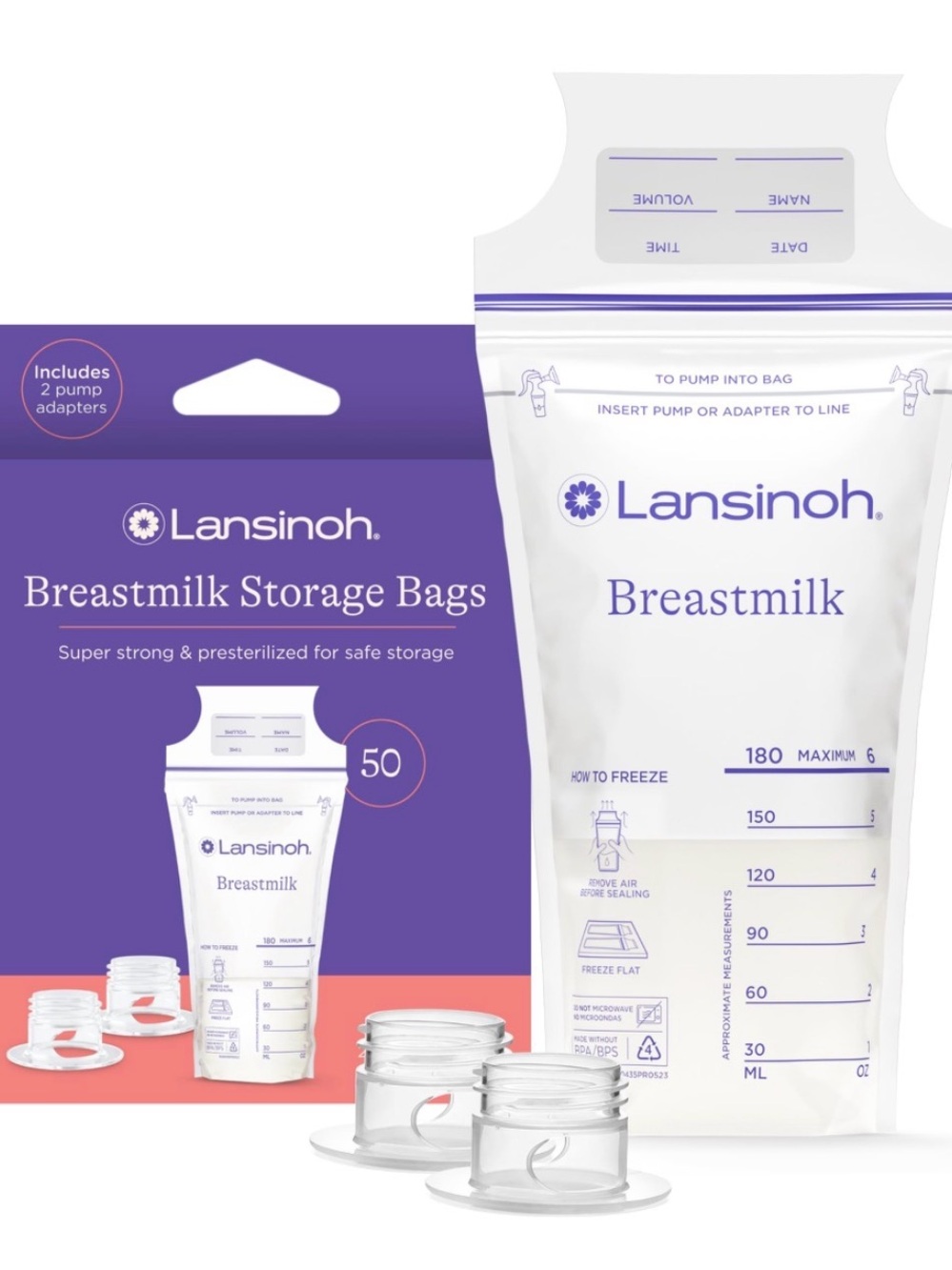 Lansinoh Breastmilk Storage Bags with Pump Adapters - 50 Count